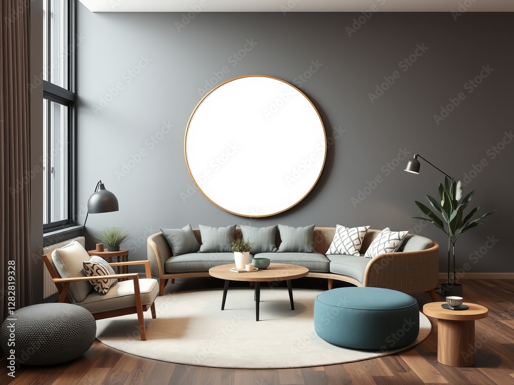Fototapeta premium Elegant Living Room Featuring Cozy Couch and Stylish Round Mirror Creating a Warm Inviting Atmosphere