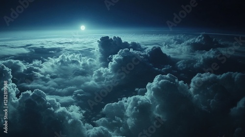 Above the clouds at night, moonlit sky