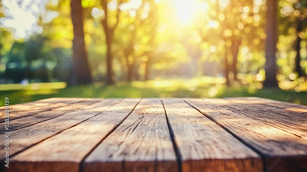 Rustic Wooden Tabletop Against a Blurred Sunny Park Background Rustic Wooden Tabletop Against a Blurred Sunny Park Background