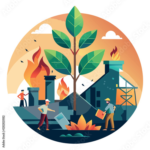 Hope and Recovery: Minimalist Illustration of Renewal and Rebuilding After Disaster  
