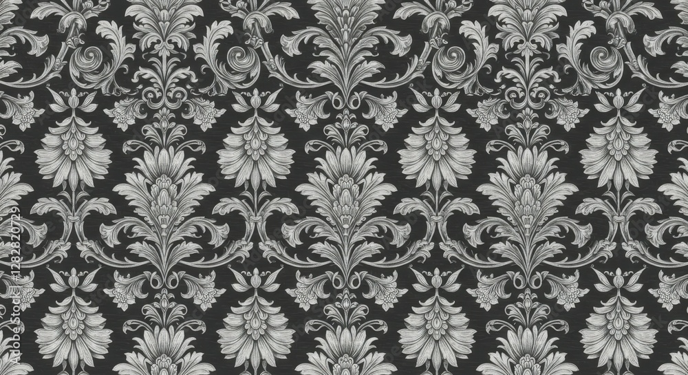 Fototapeta premium Ornate floral damask pattern, intricate sunflower motifs, baroque style wallpaper, monochromatic grey and white, symmetrical design, vintage textile, high contrast, detailed scrollwork, repeating patt