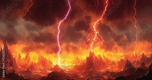 Fiery landscape with lightning, apocalyptic scene, possible use in fantasy game background