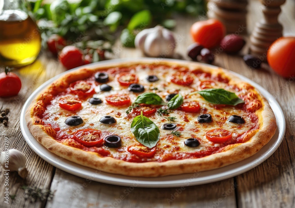 Rustic Italian Pizza with Olives, Tomatoes, and Basil on Wooden Table Rustic Italian Pizza with Olives, Tomatoes, and Basil on Wooden Table