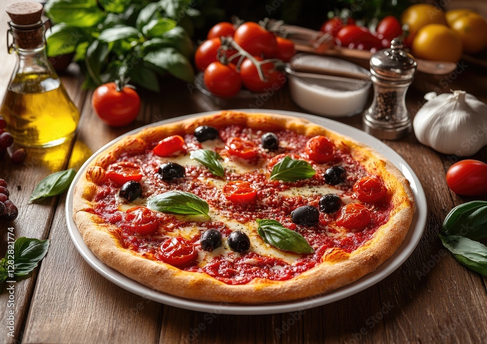 Rustic Italian pizza with olives, tomatoes, and basil on wooden table Rustic Italian pizza with olives, tomatoes, and basil on wooden table