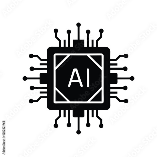 Black AI Chip Silhouette Vector Icon
