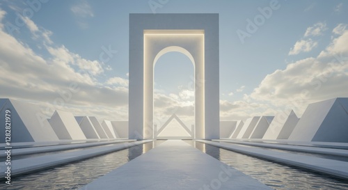 White marble arch  reflective water surface  snowy mountains  ethereal landscape  minimalist architecture  soft clouds  serene atmosphere  symmetrical composition  dreamlike scenery  calm waters  wint