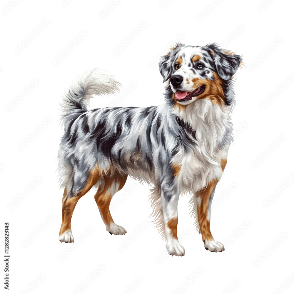 Adorable Australian Shepherd Dog, Blue Merle Coat, Standing Pose Adorable Australian Shepherd Dog, Blue Merle Coat, Standing Pose