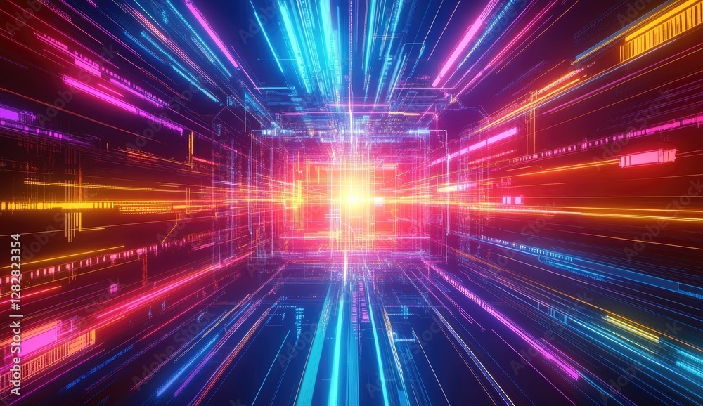 Neon tunnel data stream, digital speed, abstract background, futuristic tech Neon tunnel data stream, digital speed, abstract background, futuristic tech