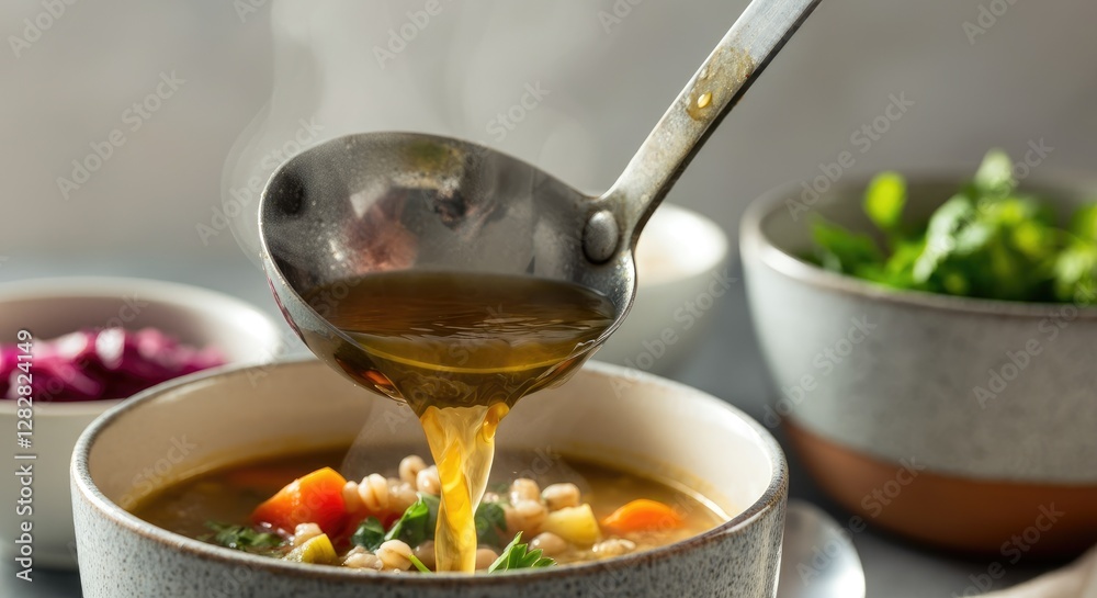 Ladle pouring hot, hearty vegetable soup into bowl with greens and beans Ladle pouring hot, hearty vegetable soup into bowl with greens and beans