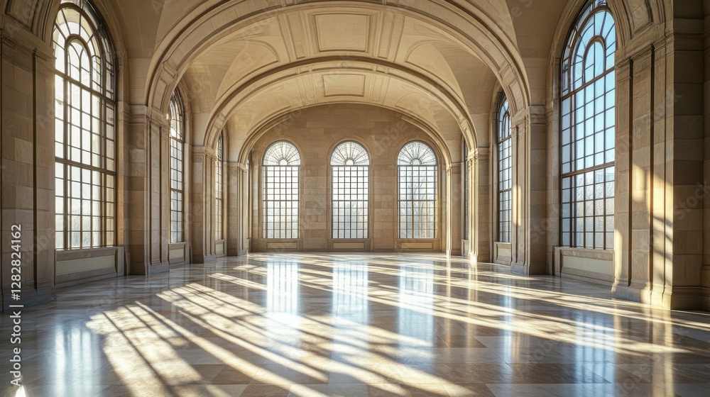 Obraz premium A legislative hall with high arched windows letting in soft daylight. Featuring openness and serenity