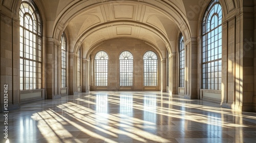 A legislative hall with high arched windows letting in soft daylight. Featuring openness and serenity
