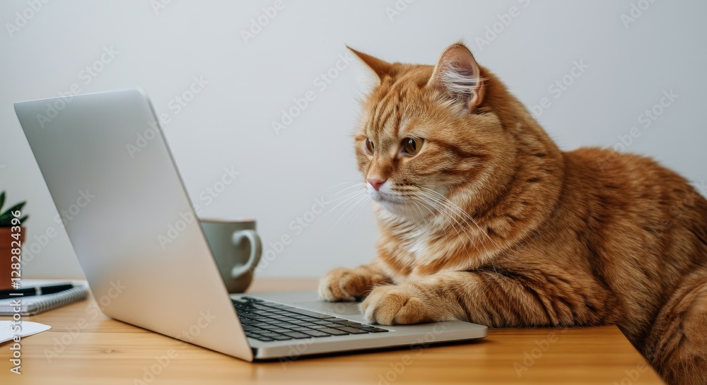 Orange tabby cat using laptop, working from home Orange tabby cat using laptop, working from home