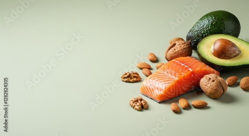 Fresh salmon, avocado, nuts, and almonds on green background, representing healthy eating balanced diet