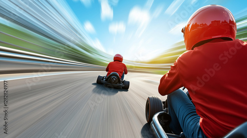 An intense go-kart race with two riders speeding on a sharp turn, engines roaring, and tires screeching. The thrill of competition and speed captured in action.