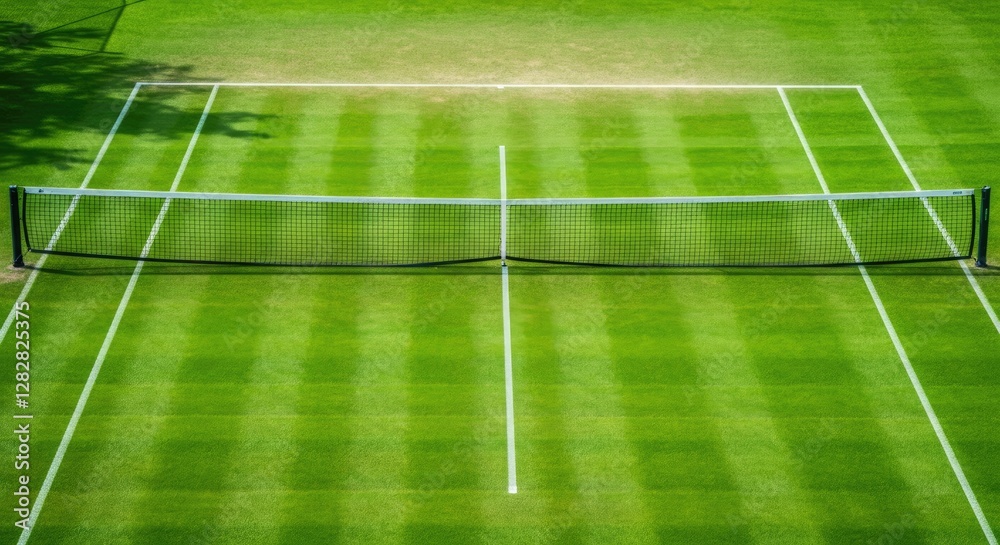 Fototapeta premium Well-maintained green grass tennis court with net in center