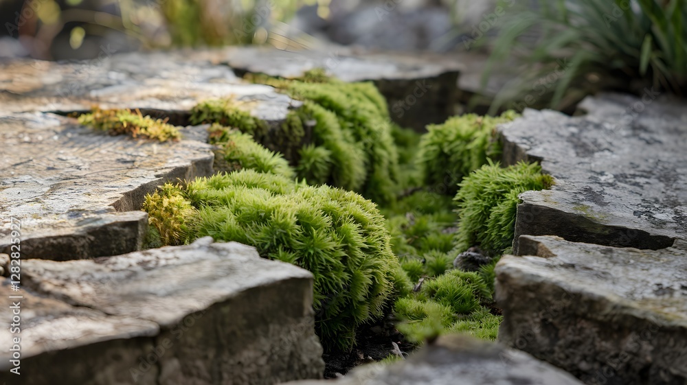 Gray Stone Pathway with Intricate Cracks and Greenery Gray Stone Pathway with Intricate Cracks and Greenery