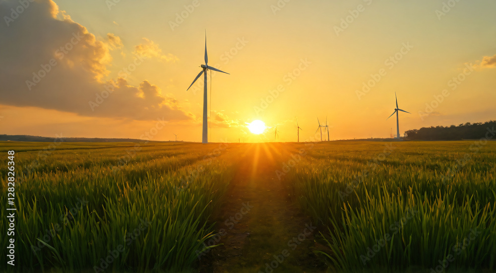 Obraz premium wind turbines in a field, wind turbine farm sundown, Wind Power Turbines in a rural area.