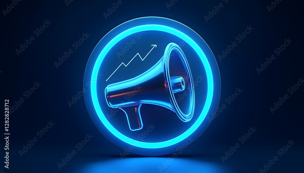 A blue, isolated megaphone horn blasts sound on a white background A blue, isolated megaphone horn blasts sound on a white background
