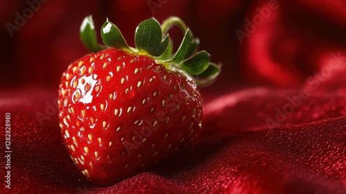 A plump, juicy red strawberry, its skin glistening with dew, rests majestically on a velvety red surface, surrounded by its brethren and illuminated by a soft, warm light, evoking a sense of fresh,