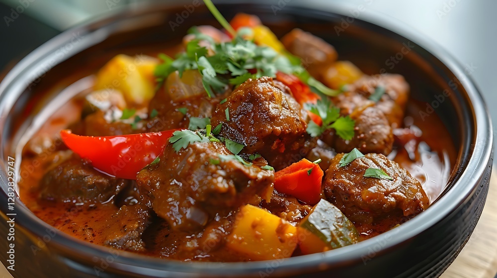 Delicious Spicy Beef Stew with Vegetables and Fresh Cilantro Garnish in a Black Bowl Delicious Spicy Beef Stew with Vegetables and Fresh Cilantro Garnish in a Black Bowl