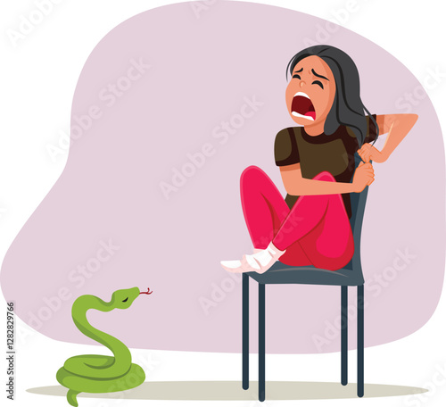 Screaming Woman on a Chair Afraid of a Snake Vector Illustration. Lady having her house infested with pest feeling exasperated 
