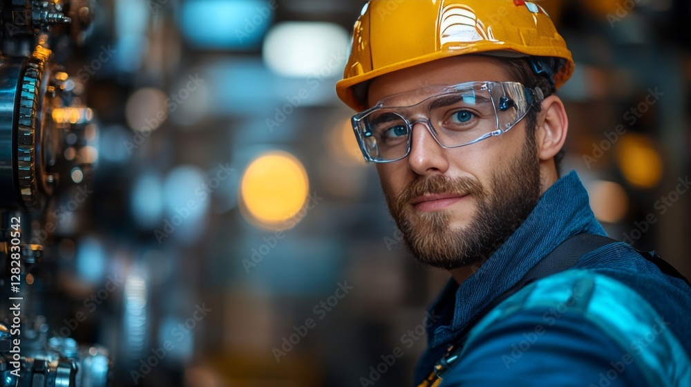 Young Engineer in Safety Gear Working in Industrial Environment Young Engineer in Safety Gear Working in Industrial Environment
