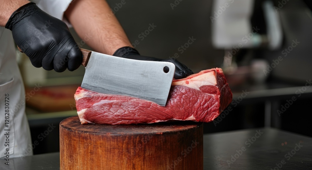 Butcher in gloves cutting raw beef with cleaver on wooden block Butcher in gloves cutting raw beef with cleaver on wooden block
