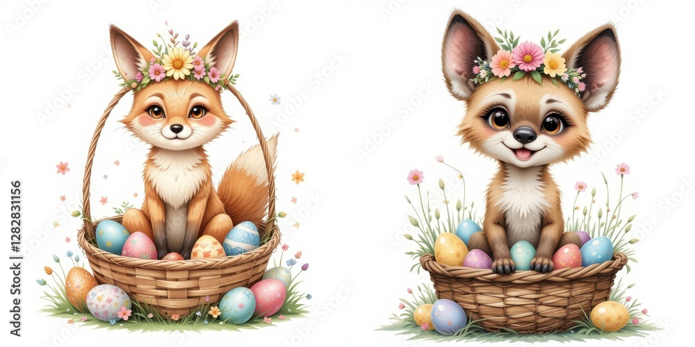 Naklejka premium Cute Cartoon Foxes Wearing Flower Crowns Sitting in Baskets Full of Easter Eggs Holiday Art Creation