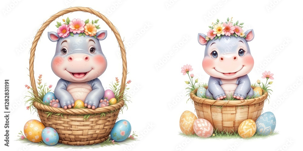 Obraz premium Cheerful Hippopotamus Duo in Easter Baskets with Floral Crowns and Colorful Eggs Celebration