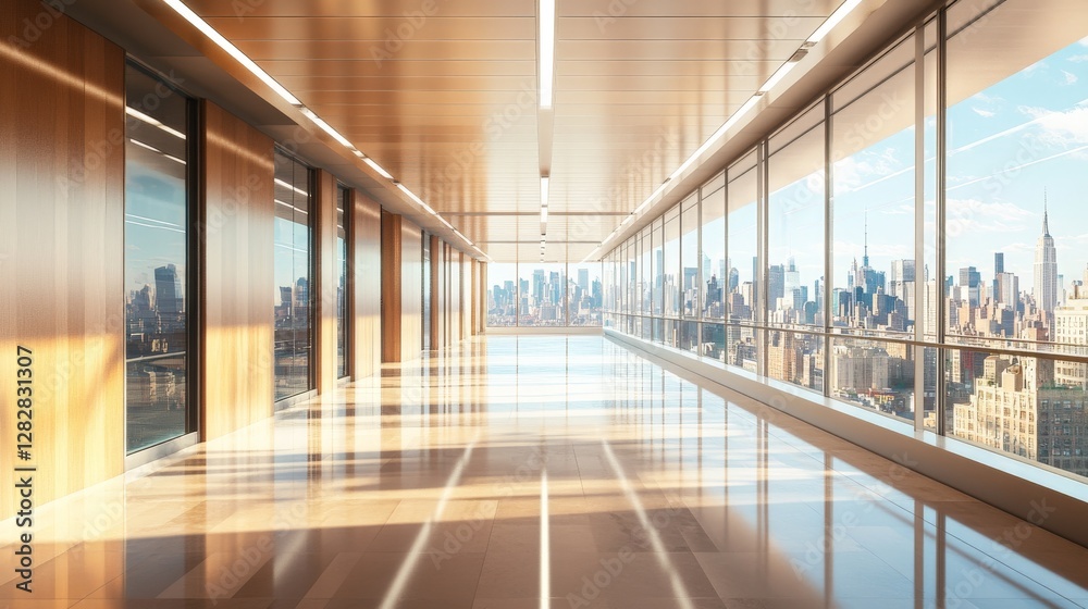 Fototapeta premium Modern hospital corridor with polished floors, bright overhead lights, and large windows showcasing a cityscape in the background,
