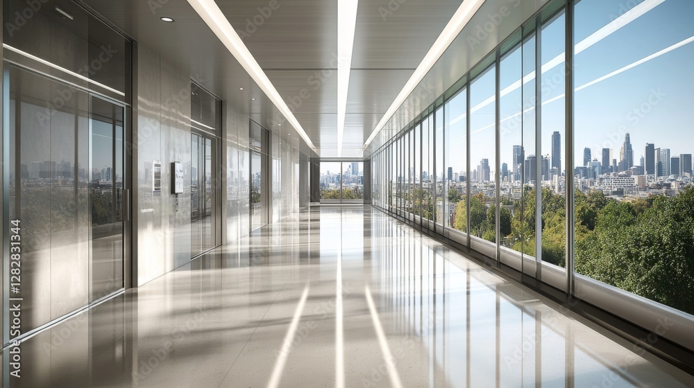 Modern hospital corridor with polished floors, bright overhead lights, and large windows showcasing a cityscape in the background, Modern hospital corridor with polished floors, bright overhead lights, and large windows showcasing a cityscape in the background,