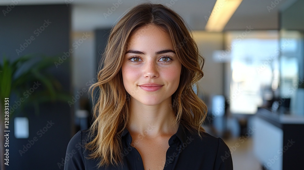 confident brunette receptionist in an open office setting engaging professionally with customers in a bright modern workspace with natural lighting and elegant decor confident brunette receptionist in an open office setting engaging professionally with customers in a bright modern workspace with natural lighting and elegant decor