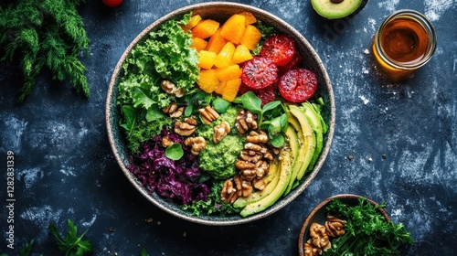 A vibrant symphony of fresh greens, creamy avocado, crunchy walnuts, and juicy fruits, harmoniously arranged in a ceramic bowl, a healthy feast for the eyes and palate.