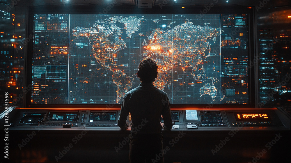 A technician analyzes data in a high-tech control room, surrounded by global connectivity maps, complex network operations, and digital interfaces, symbolizing innovation, precision, and global reach
