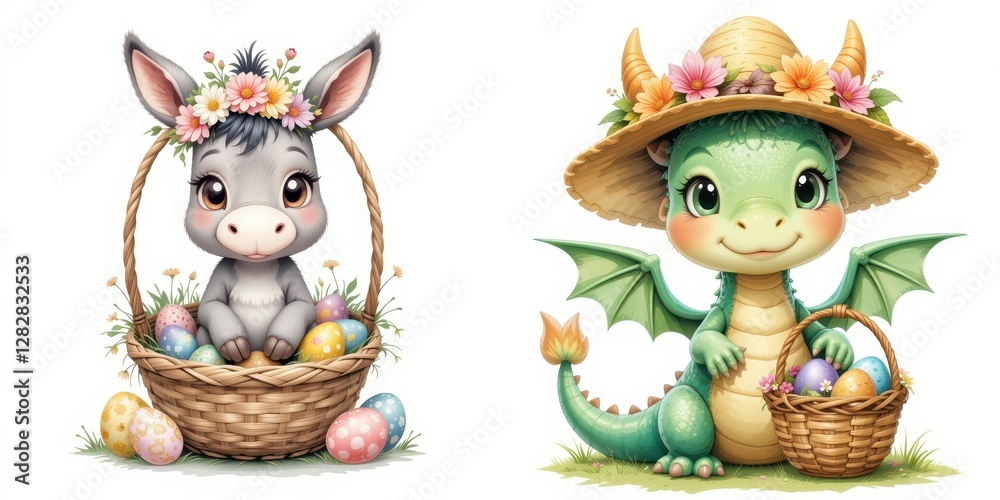 Naklejka premium Adorable Easter Donkey in Basket and Dragon with Hat Holding Basket of Eggs Cute Springtime Scene
