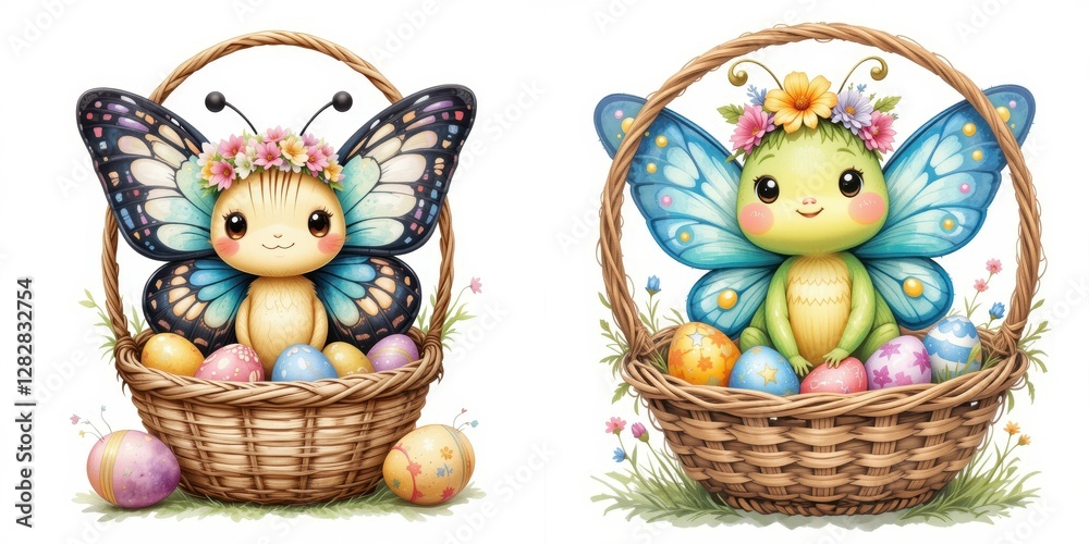 Adorable Butterfly Characters with Easter Eggs in Woven Baskets a Whimsical Spring Celebration Adorable Butterfly Characters with Easter Eggs in Woven Baskets a Whimsical Spring Celebration