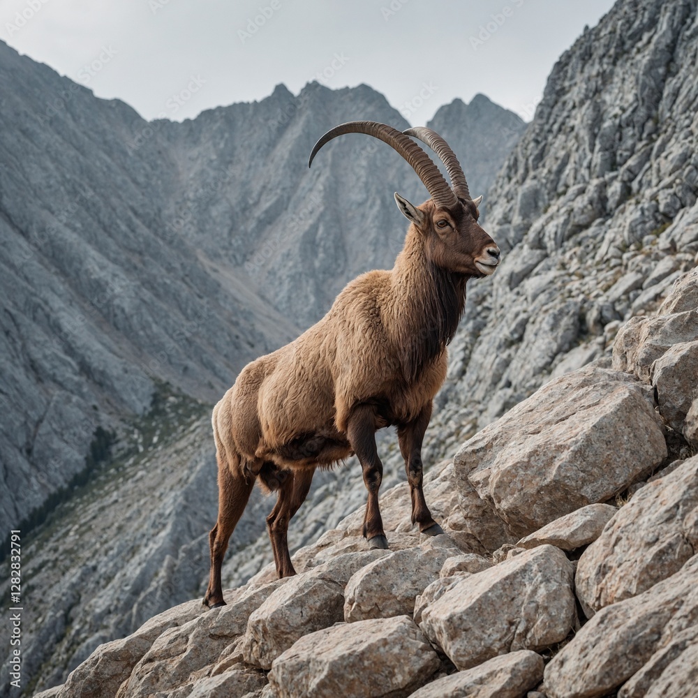 An ibex scaling a jagged rocky incline, carefully balanced, pure white background. An ibex scaling a jagged rocky incline, carefully balanced, pure white background.