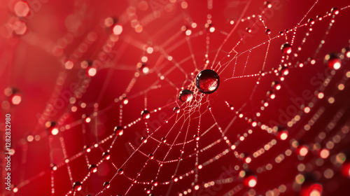 Abstract depiction of water drops on a spider web against a red background.