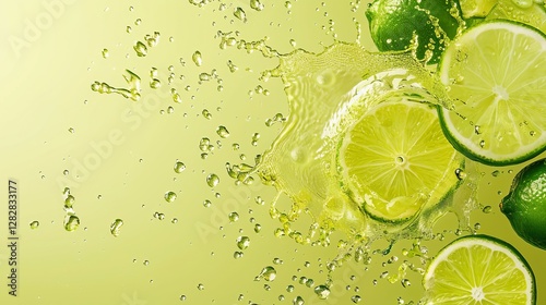 Fresh limes and lime slices splashing in vibrant green liquid.