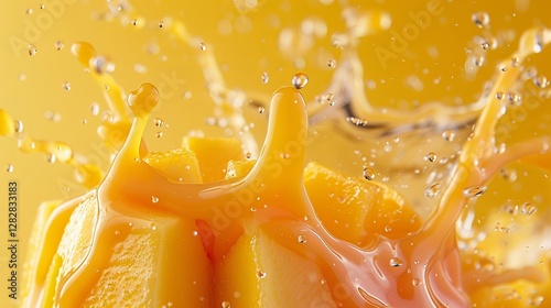 A vibrant splash of mango juice surrounds fresh mango cubes, creating a dynamic and colorful image.