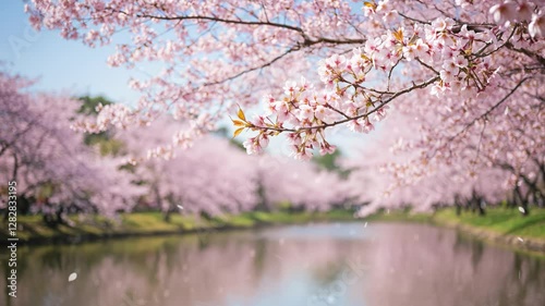 Image video of cherry blossom sightseeing spots in Tokyo. Full bloom, petals dancing in the wind. seamless loop.