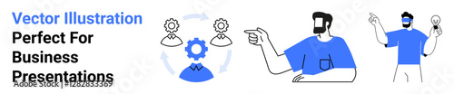 Gear icons connected by arrows, individuals brainstorming and sharing ideas, showcasing business collaboration, teamwork, workflow, innovation, strategy, problem-solving and productivity. Ideal