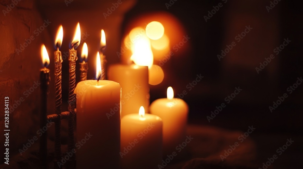 A serene arrangement of lit candles creating a warm, inviting atmosphere. A serene arrangement of lit candles creating a warm, inviting atmosphere.