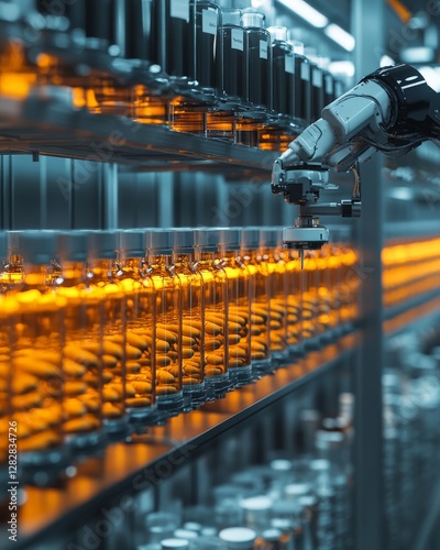 Pharmaceutical industry concept with rows of labeled bottles on shelves, pills being dispensed by a robotic arm in the foreground,