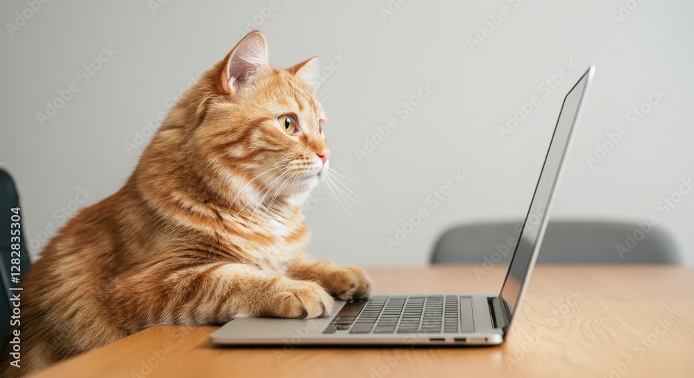 Orange tabby cat using laptop on wooden table Orange tabby cat using laptop on wooden table