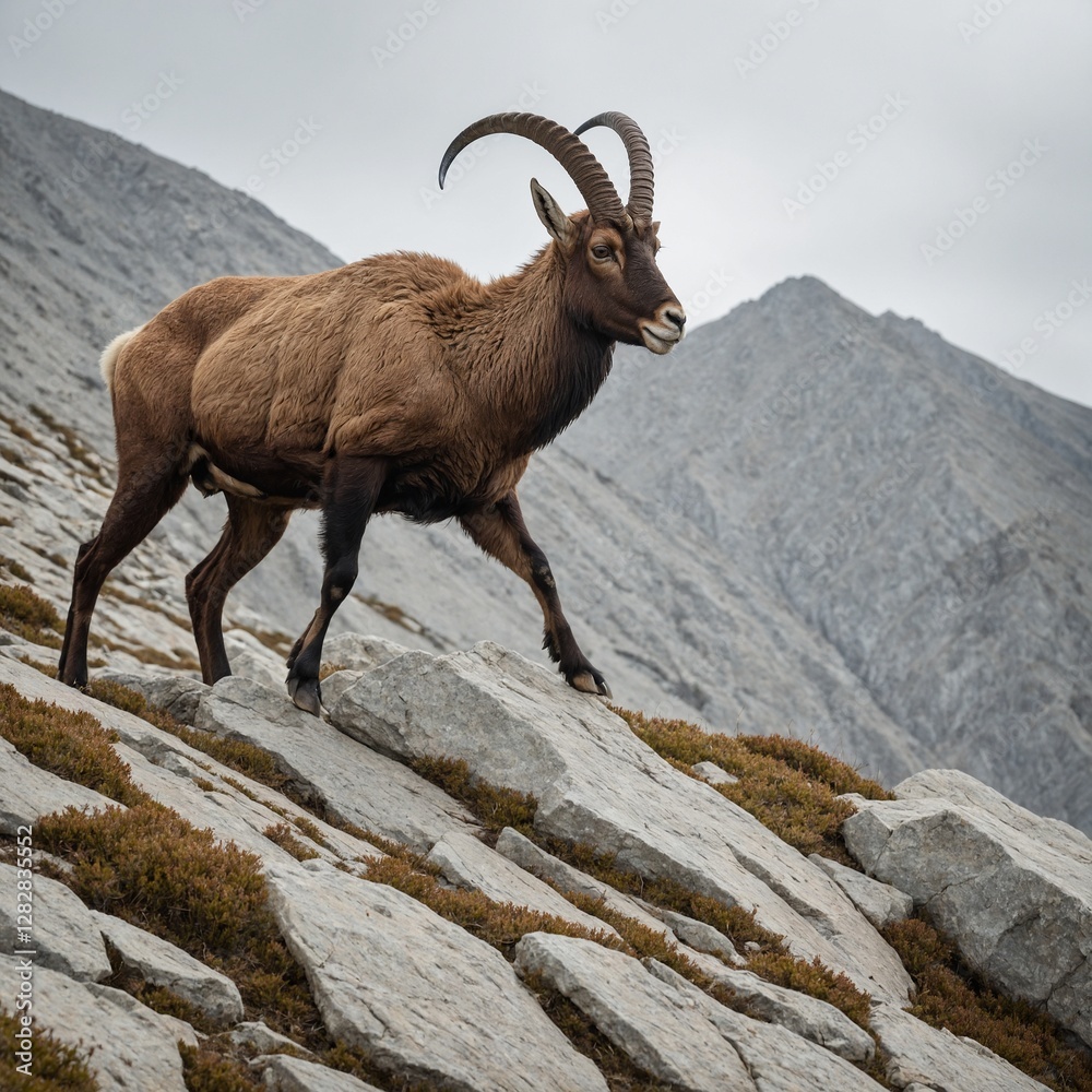 A front-facing ibex climbing up a challenging slope, appearing strong and agile, with a white background. A front-facing ibex climbing up a challenging slope, appearing strong and agile, with a white background.