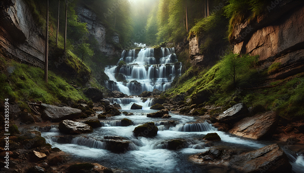 Fototapeta premium Waterfall in Forest, Scenic Nature Stream, Peaceful Water Flow, Cascading Waterfall Landscape, Tranquil River in Woods, Serene Wilderness Scene, Misty Forest Waterfall.