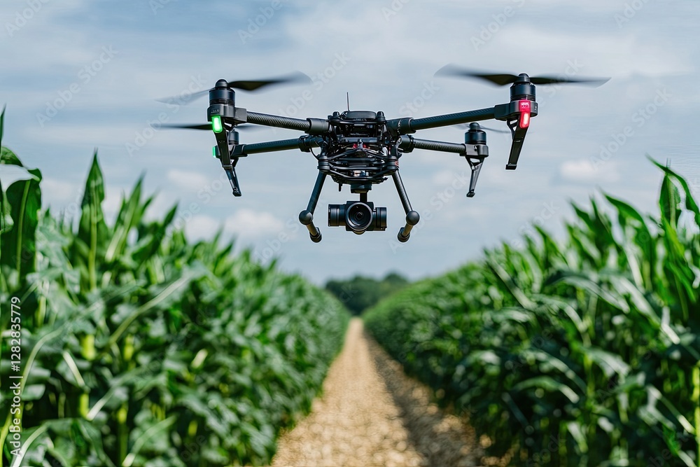 Drone surveying cornfield, agriculture, aerial view Drone surveying cornfield, agriculture, aerial view