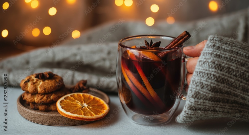 Fototapeta premium Cozy winter scene with mulled wine, cookies, and warm lights