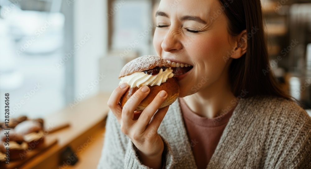 Caucasian woman enjoying cream-filled pastry in bakery Caucasian woman enjoying cream-filled pastry in bakery